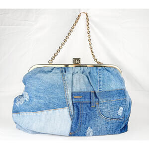 Patchwork Denim Frame Bag Lock Gold Chain Rare Collector NWT